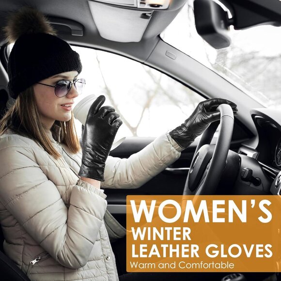 🆕Women Grey Leather Sheepskin Gloves, Winter Warm Touchscreen Cashmere - Picture 6 of 9